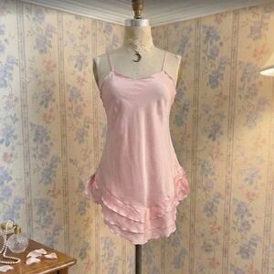 Vintage 1970s Pink Night Slip Dress Ruffle Coquette Size Small